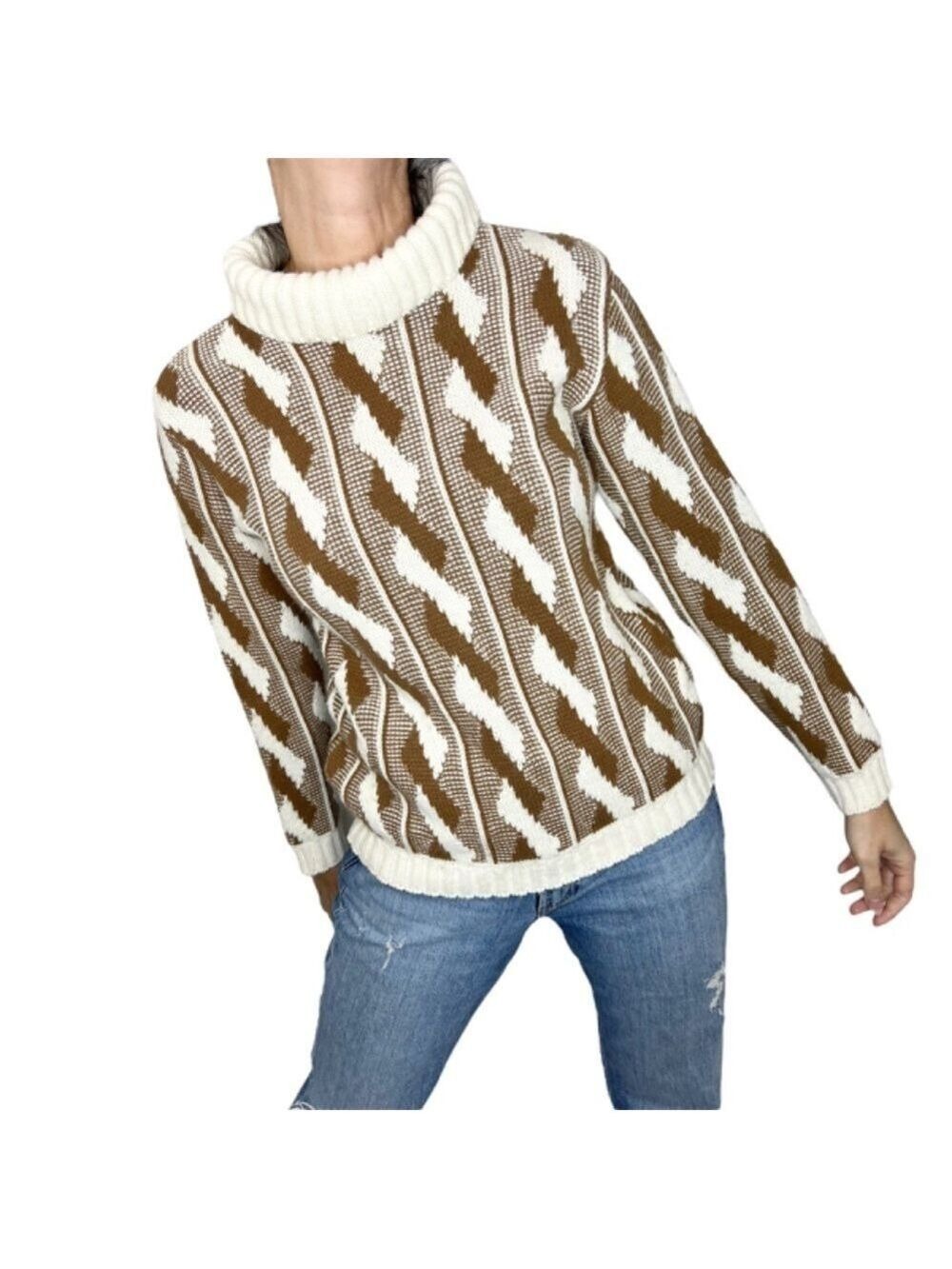 Vintage 60s 70s cream brown 100% Hi-Bulk Orlon turtleneck sweater
